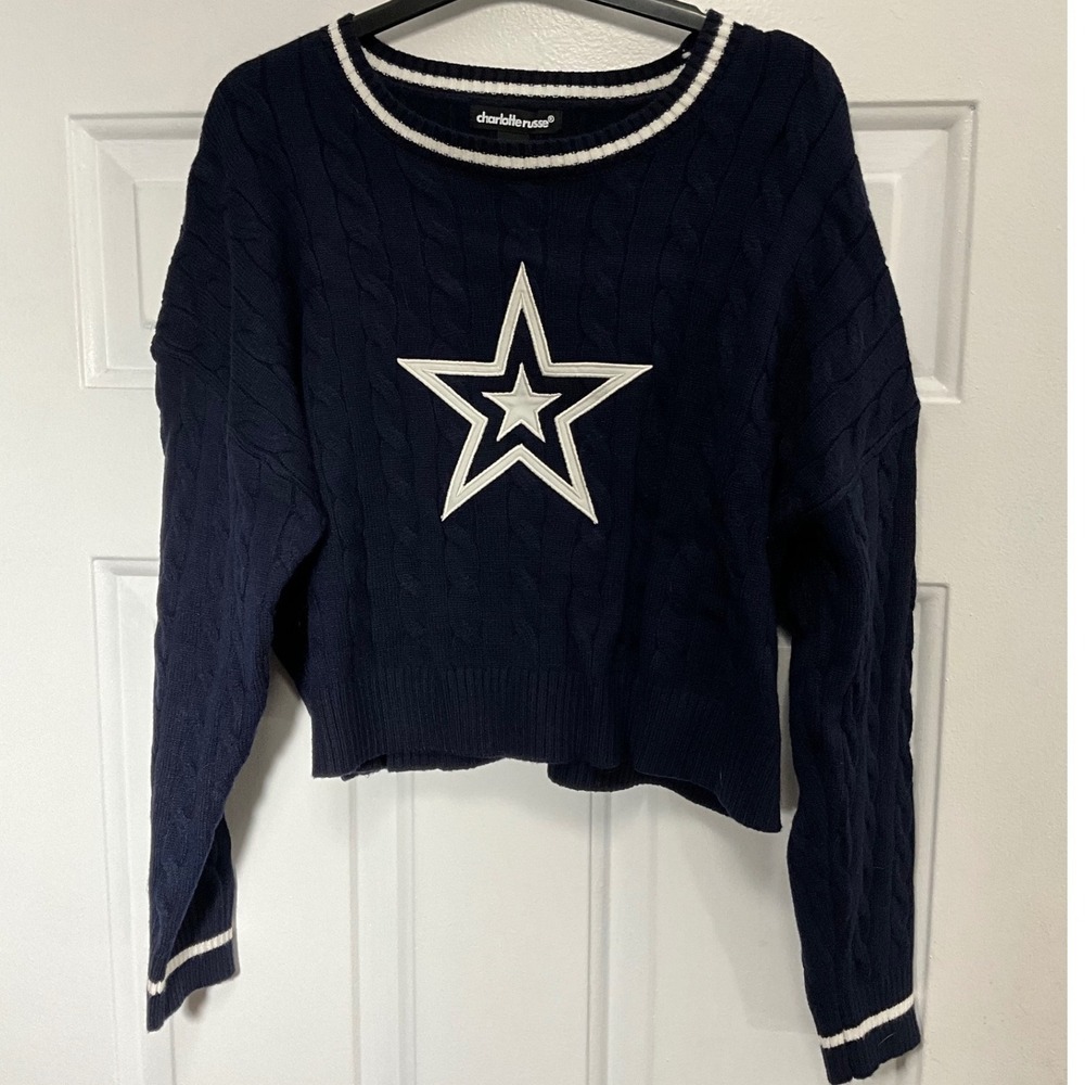 Charlotte Russe Navy Blue Cable Knit Star Sweater Women Medium Striped Trim